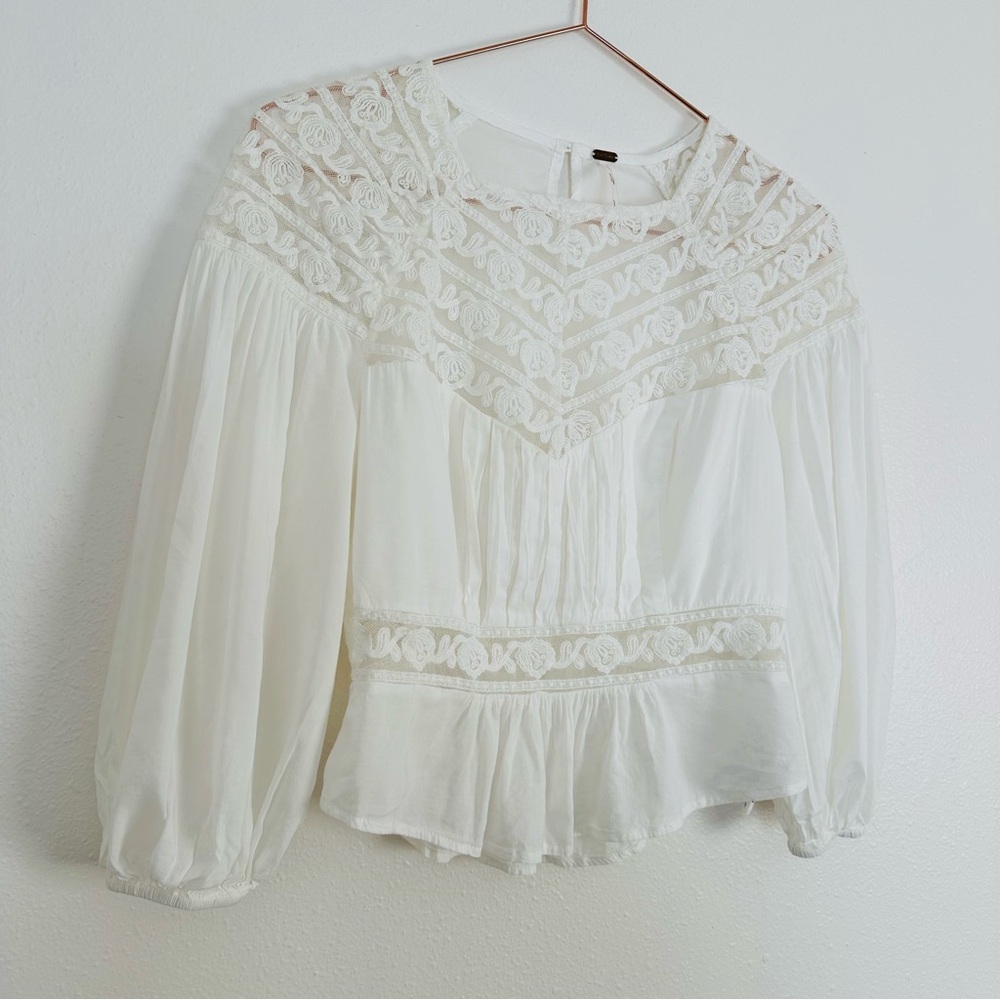Free People romantic peasant boho blouse top embroidered lace mesh detailing - Picture 7 of 10